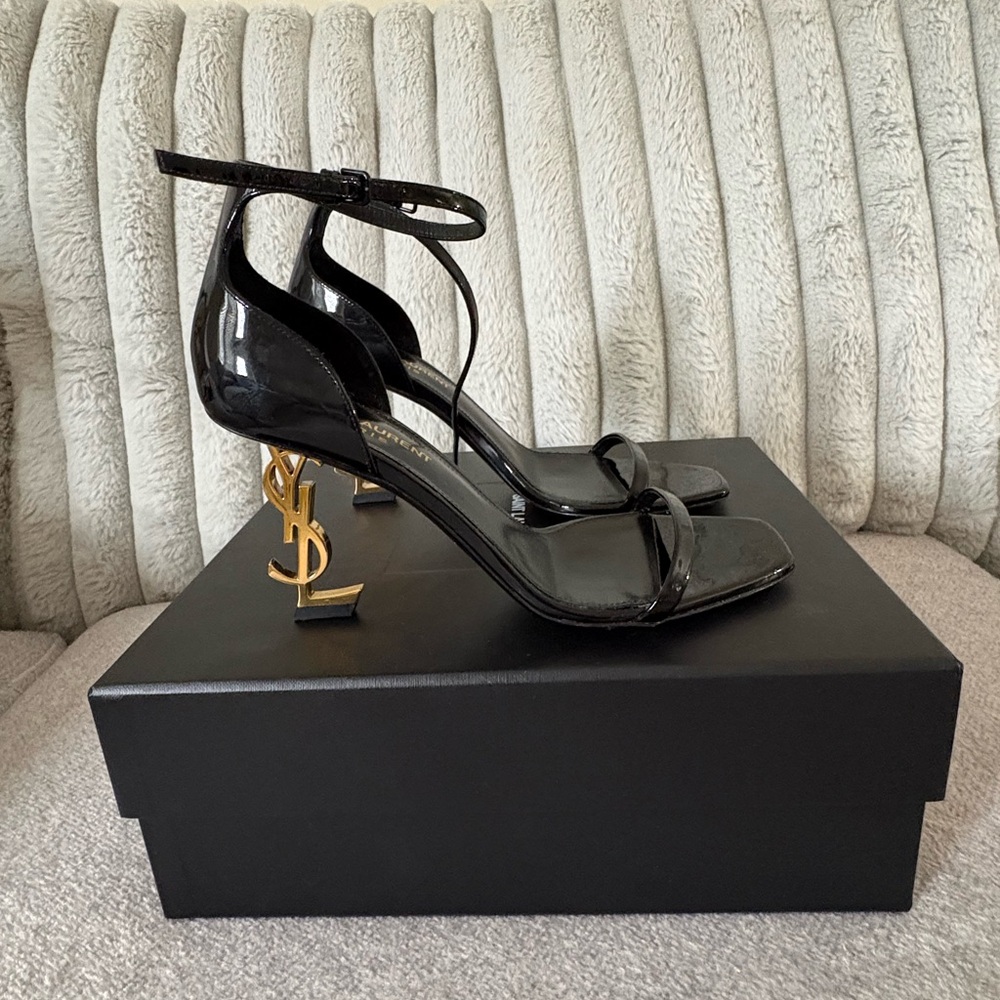 Yves Saint Laurent Glossy Black Heels with Gold Logo Heel